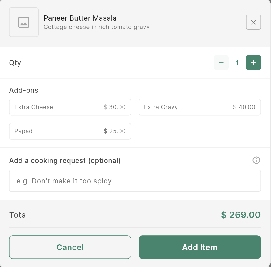 Add item dialog with add-ons and a cooking request