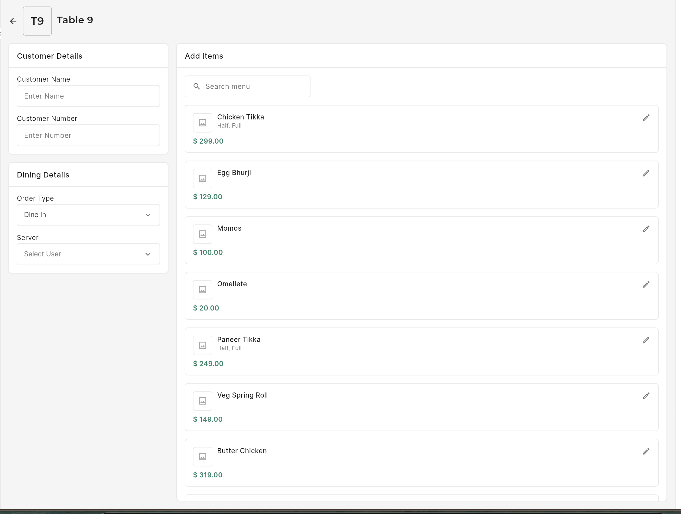 Create order screen with customer details and menu