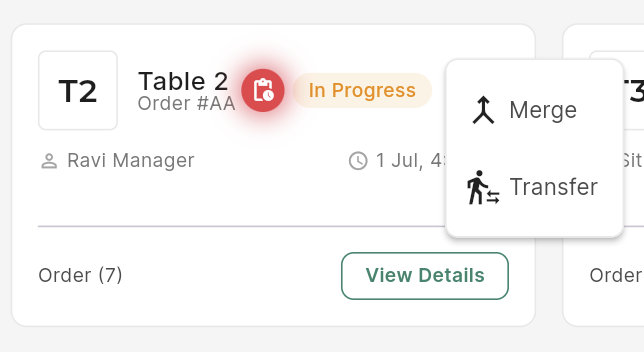 Table card with Merge and Transfer actions