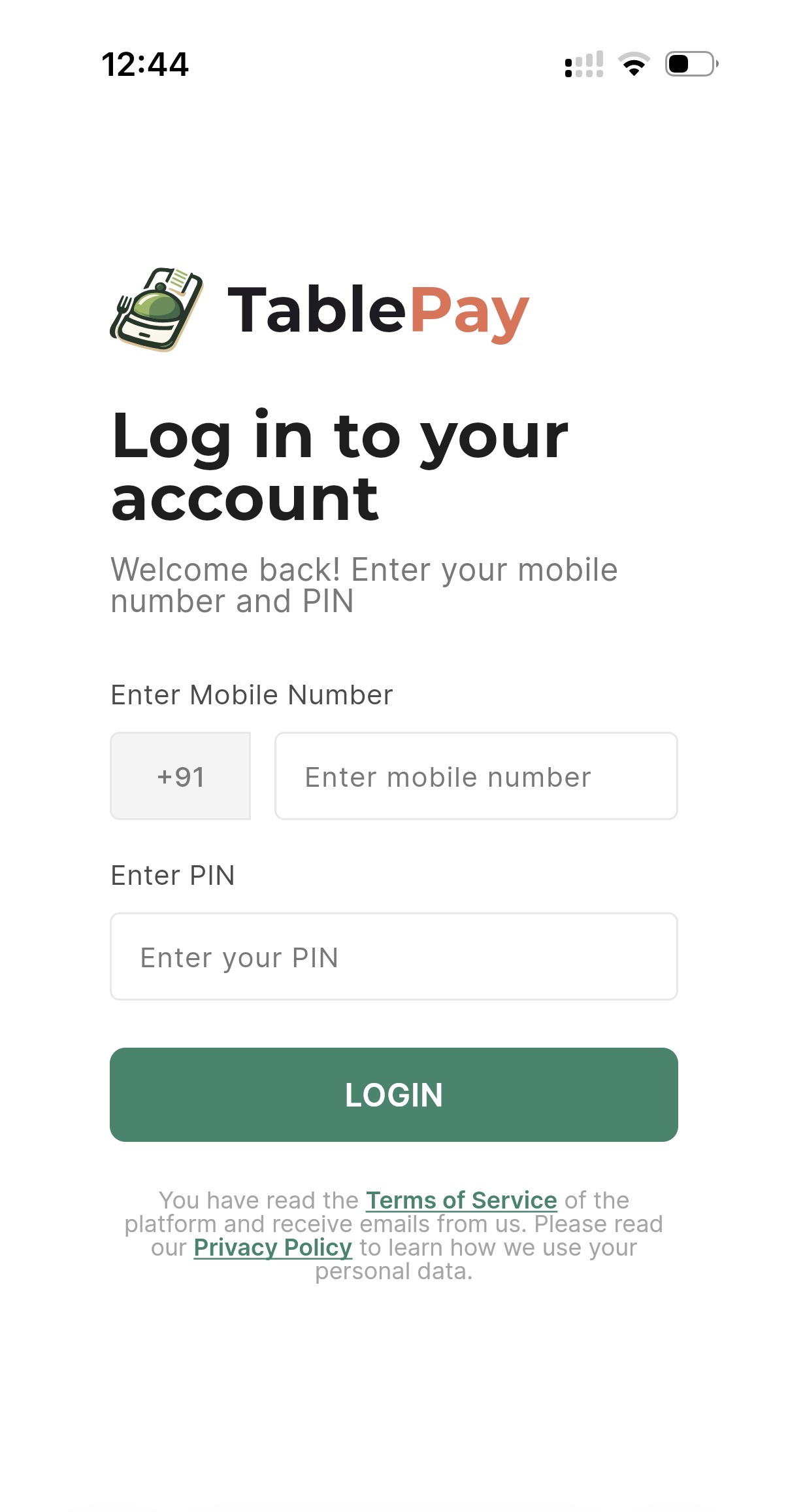 TablePay login on a phone