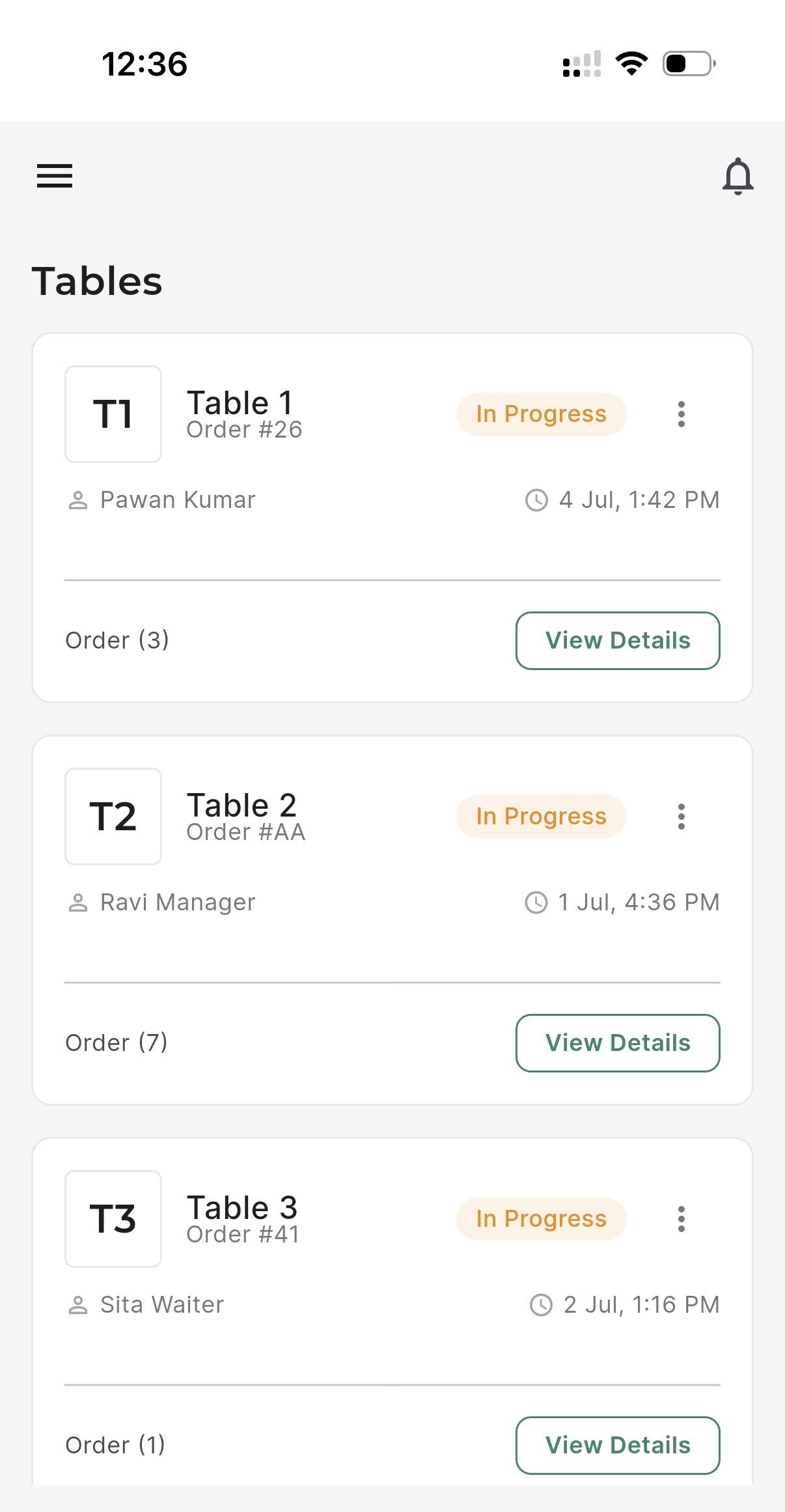 TablePay tables view on a phone