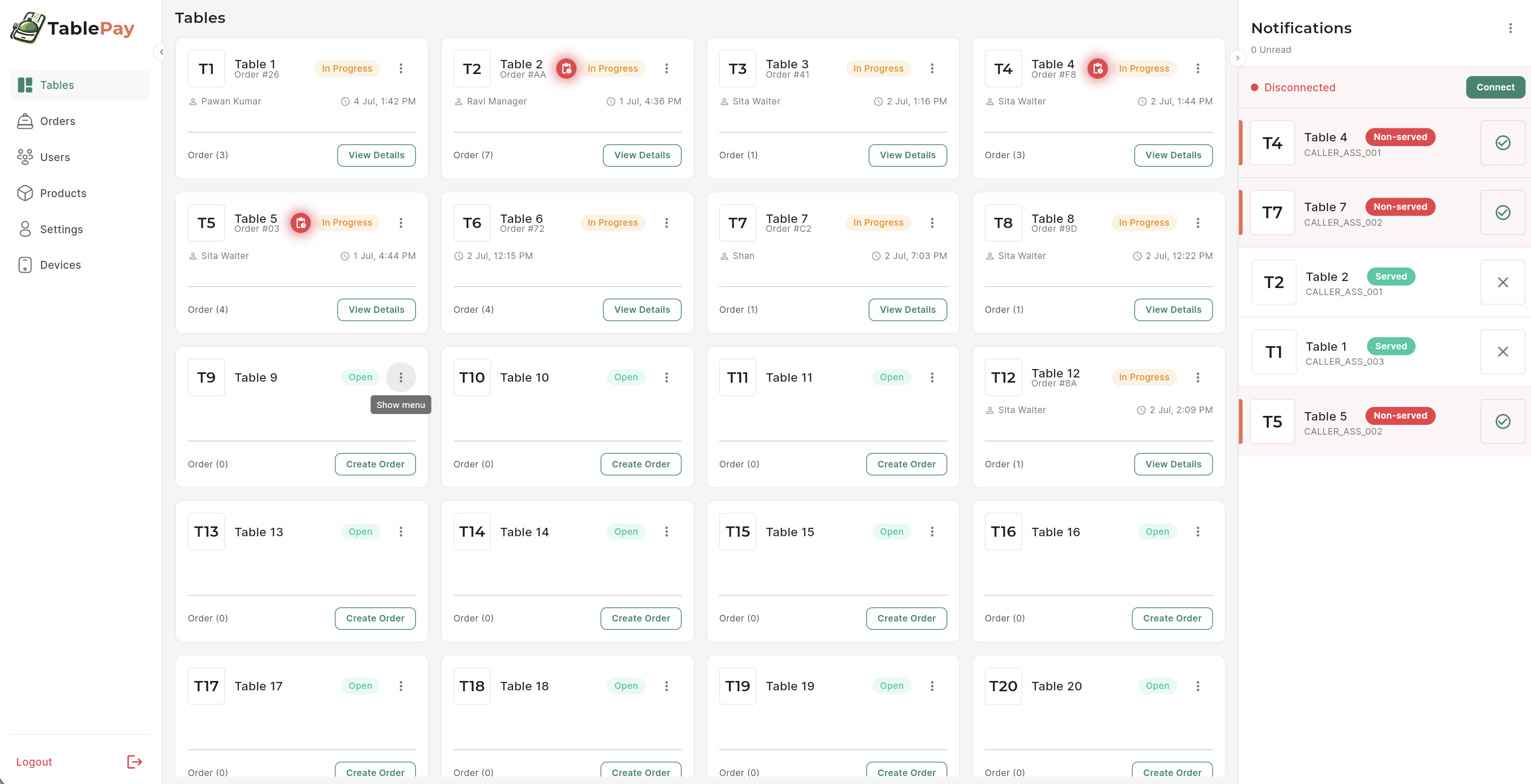 TablePay live table floor showing table statuses and notifications